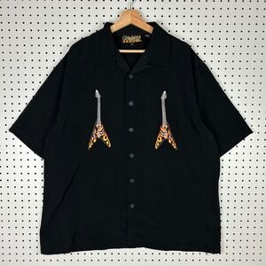 Dragonfly Large Black Short Sleeve Button Up Flying V Flame Guitar Shirt Gothic